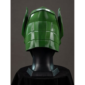 Green Goblin Norman Osborn cosplay helmet back view stacks segmented green plates above the neck edge.