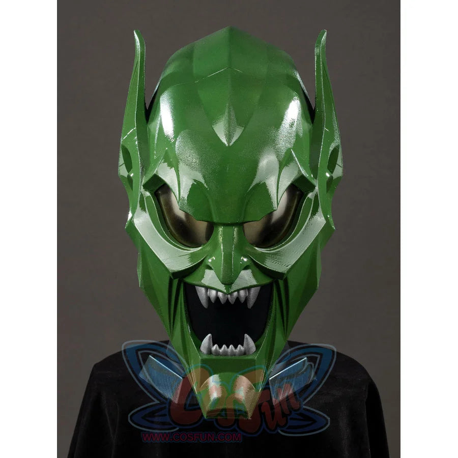Green Goblin Norman Osborn cosplay helmet front view sets dark eyes below raised green brow ridges.