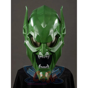 Green Goblin Norman Osborn cosplay helmet front view sets dark eyes below raised green brow ridges.