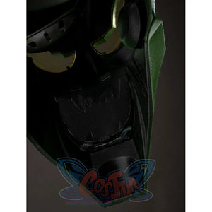 Green Goblin Norman Osborn cosplay helmet chin close-up layers black mesh behind the green face plate.