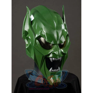 Green Goblin Norman Osborn cosplay helmet angled front view centers dark eye lenses and pointed teeth.