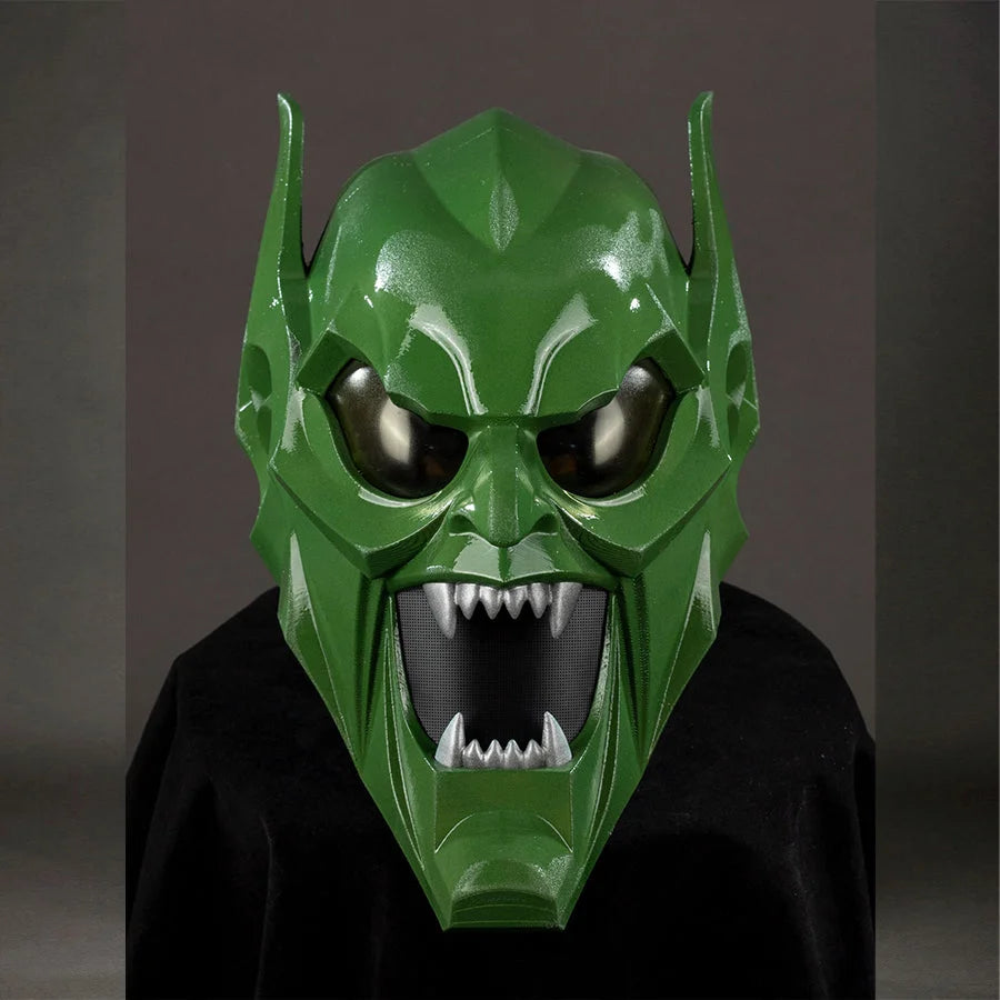 COSFUN Green Goblin Norman Osborn cosplay helmet front view frames green armor around dark eyes and sharp teeth.