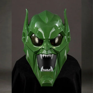 COSFUN Green Goblin Norman Osborn cosplay helmet front view frames green armor around dark eyes and sharp teeth.