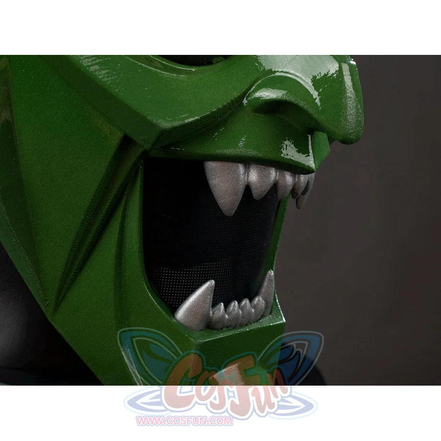 Green Goblin Norman Osborn cosplay helmet mouth detail layers sharp teeth around a dark interior.