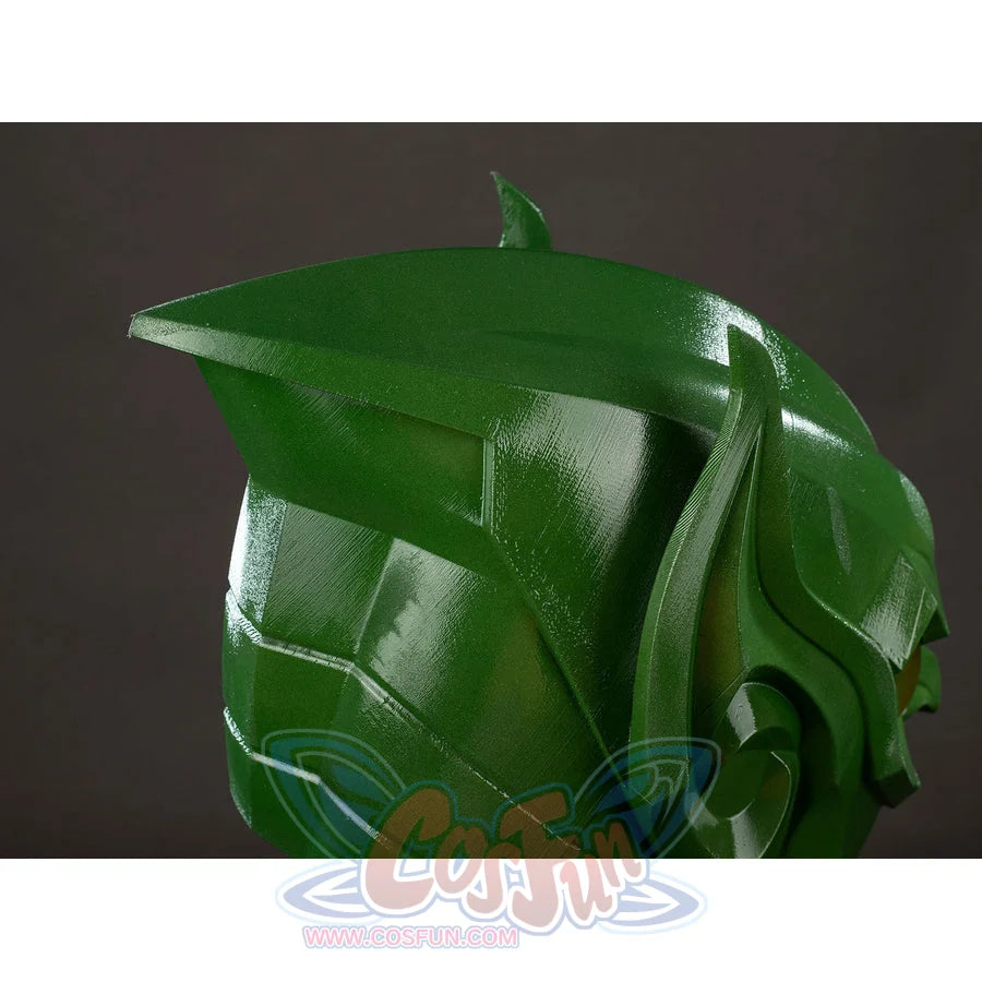 Green Goblin Norman Osborn cosplay helmet crest detail curves green shell plates toward the rear.