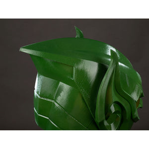 Green Goblin Norman Osborn cosplay helmet crest detail curves green shell plates toward the rear.