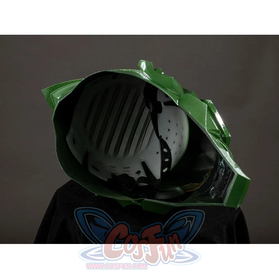 Green Goblin Norman Osborn cosplay helmet rear view reveals black inner padding beneath green shell plates.