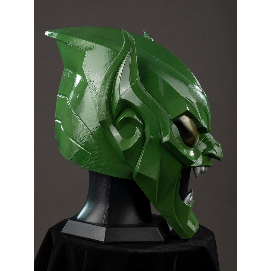 Green Goblin Norman Osborn cosplay helmet side view layers green ear fins around the jawline.