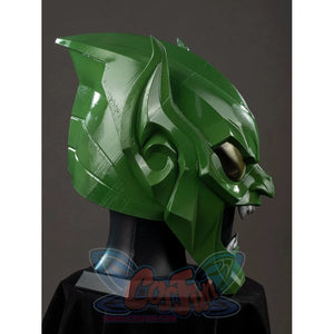 Green Goblin Norman Osborn cosplay helmet side view layers green ear fins around the jawline.