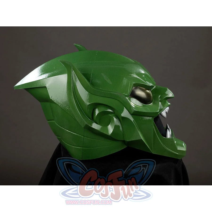 Green Goblin Norman Osborn cosplay helmet side profile extends a pointed green crest over the jaw.