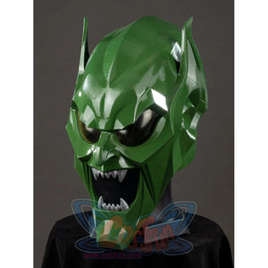 Green Goblin Norman Osborn cosplay helmet three-quarter view angles sharp teeth under glossy green cheek plates.