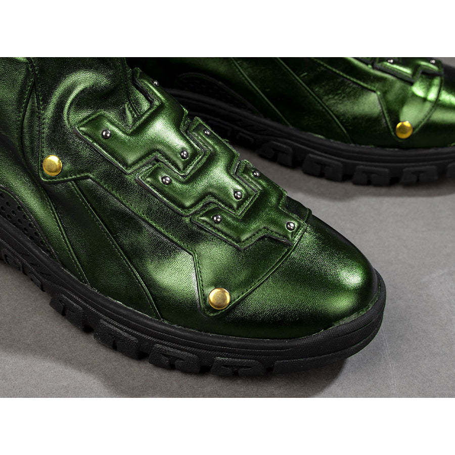 Green Goblin Norman Osborn cosplay shoe close-up frames stitched green panels and gold-tone rivets.