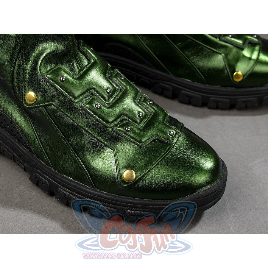 Green Goblin Norman Osborn cosplay shoe close-up frames stitched green panels and gold-tone rivets.