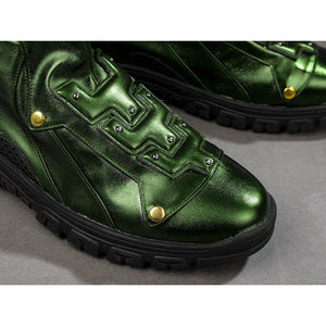 Green Goblin Norman Osborn cosplay shoe close-up frames stitched green panels and gold-tone rivets.