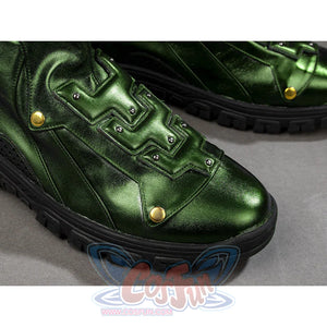 Green Goblin Norman Osborn cosplay shoe close-up frames stitched green panels and gold-tone rivets.
