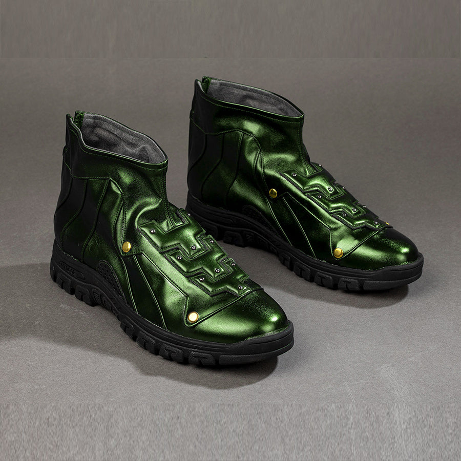 Green Goblin Norman Osborn cosplay shoes angled view layers green PU leather over black sole edges.