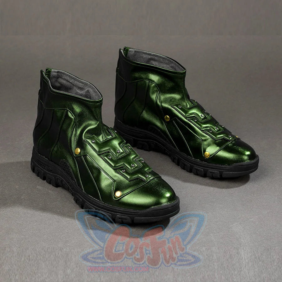 COSFUN Green Goblin Norman Osborn cosplay shoes front view anchors metallic green uppers over black tread soles.