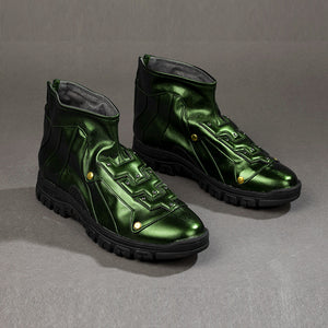 Green Goblin Norman Osborn cosplay shoes angled view layers green PU leather over black sole edges.