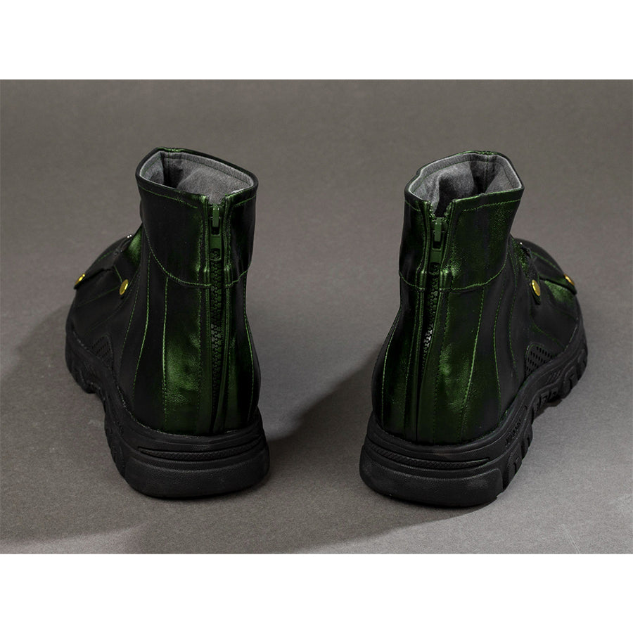 Green Goblin Norman Osborn cosplay shoes back view centers green heel panels above black soles.