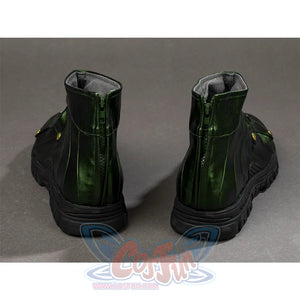 Green Goblin Norman Osborn cosplay shoes back view centers green heel panels above black soles.
