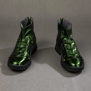 COSFUN Green Goblin Norman Osborn cosplay shoes front view anchors metallic green uppers over black tread soles.