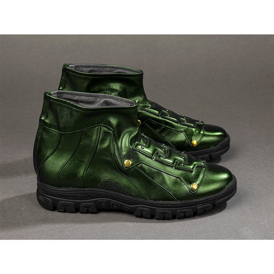 Green Goblin Norman Osborn cosplay shoes side view sets metallic green panels above black lug soles.