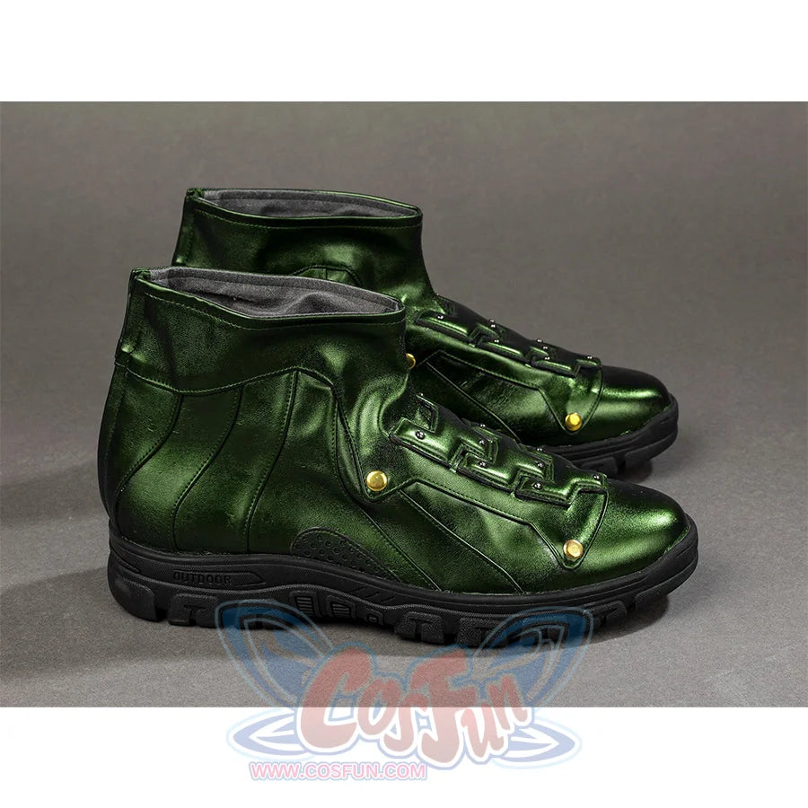Green Goblin Norman Osborn cosplay shoes side view sets metallic green panels above black lug soles.