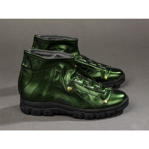 Green Goblin Norman Osborn cosplay shoes side view sets metallic green panels above black lug soles.
