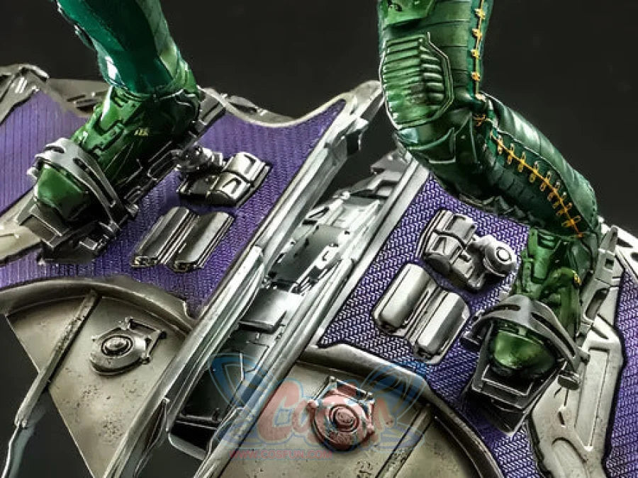 Green Goblin Norman Osborn cosplay boots detail focuses on green footwear below armored legs