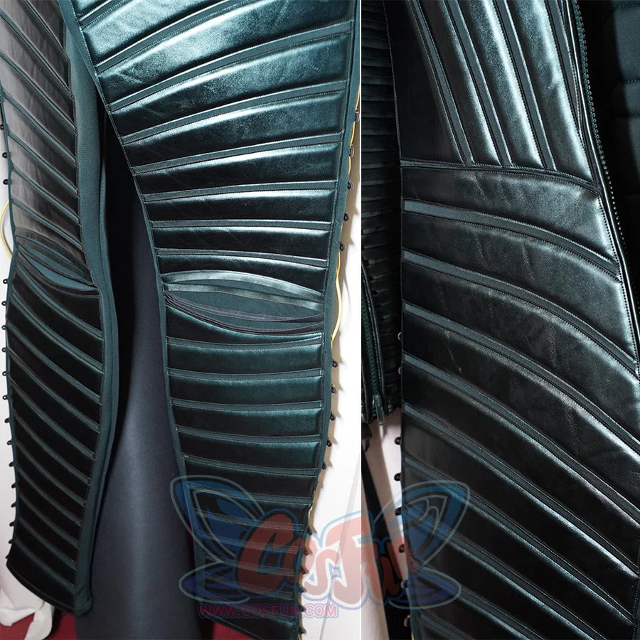 Green Goblin Norman Osborn cosplay costume back detail frames the zipper between ribbed green panels