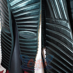 Green Goblin Norman Osborn cosplay costume back detail frames the zipper between ribbed green panels