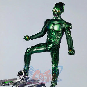 COSFUN Green Goblin Norman Osborn cosplay costume full suit view highlights metallic green armor and helmet