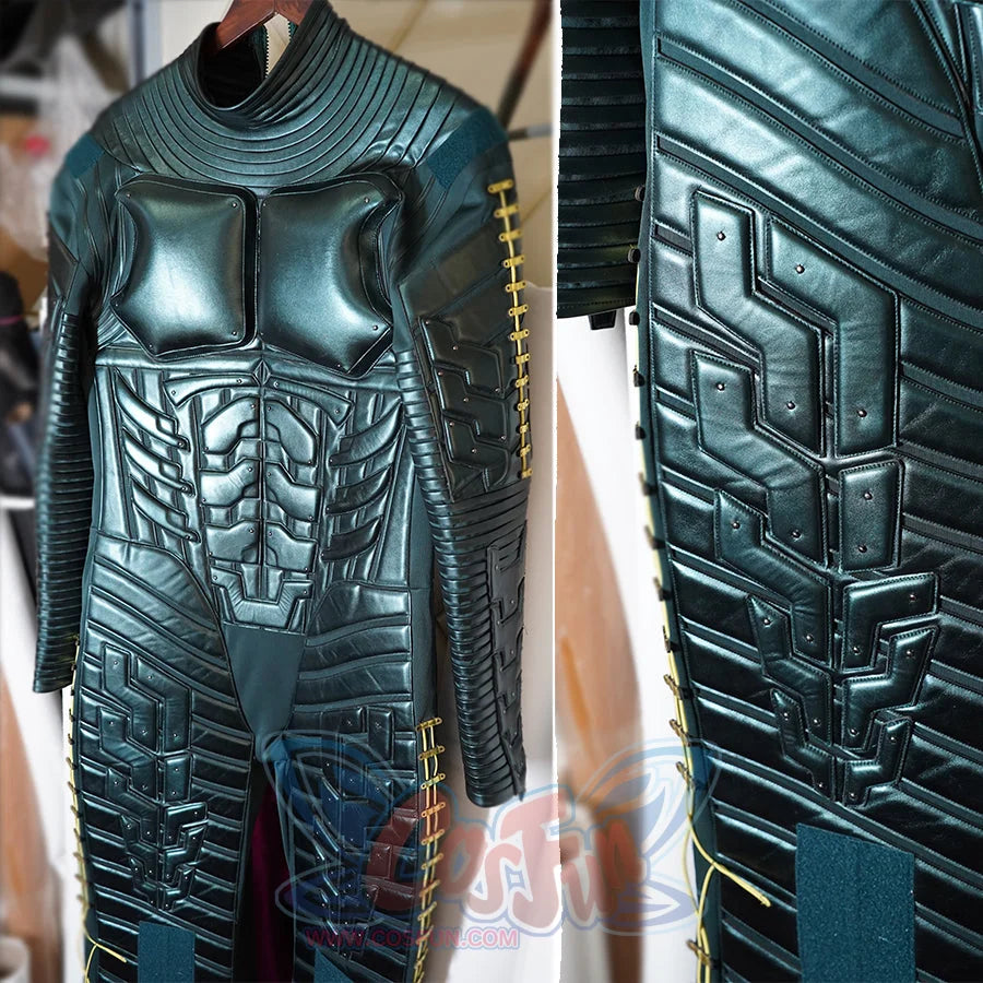 Green Goblin Norman Osborn cosplay costume torso detail centers metallic green chest armor and sculpted abdomen