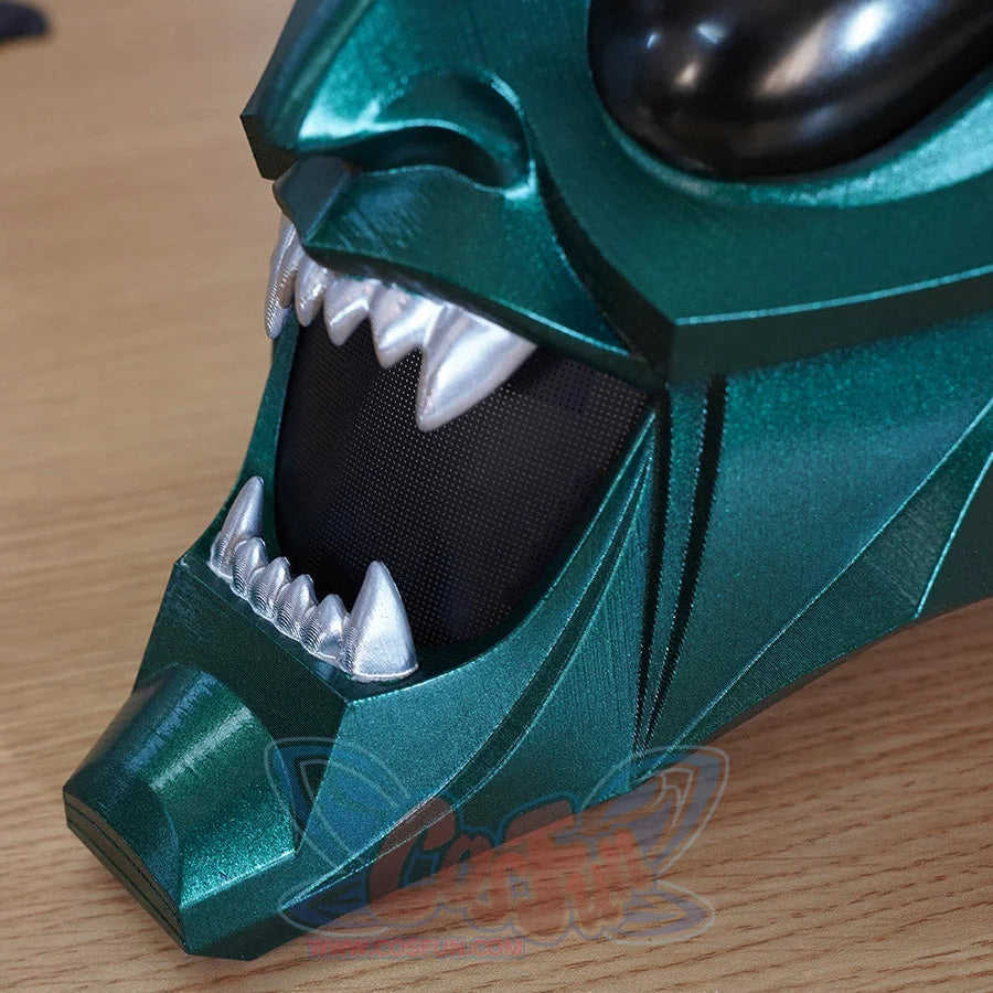Green Goblin Norman Osborn cosplay helmet mouth detail shows white teeth set in a dark jaw opening
