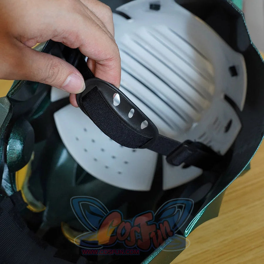 Green Goblin Norman Osborn cosplay helmet padding detail shows white interior panels and black straps