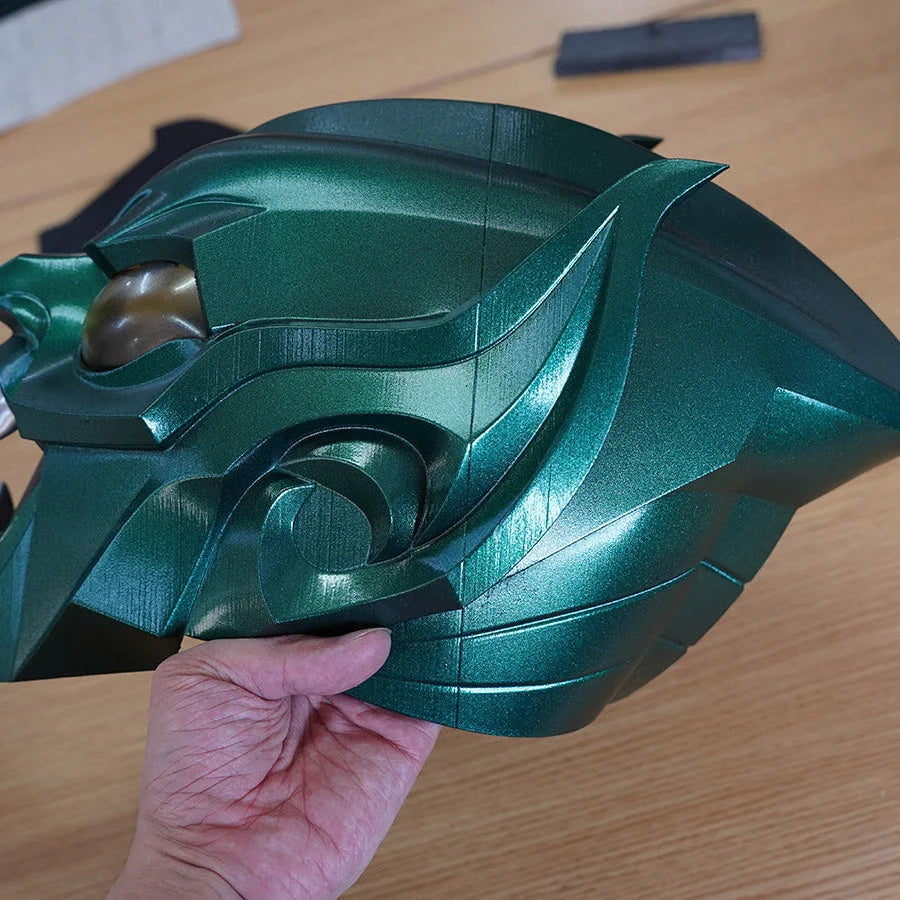 COSFUN Green Goblin Norman Osborn cosplay helmet side view shows a green sculpted shell and pointed ear fins
