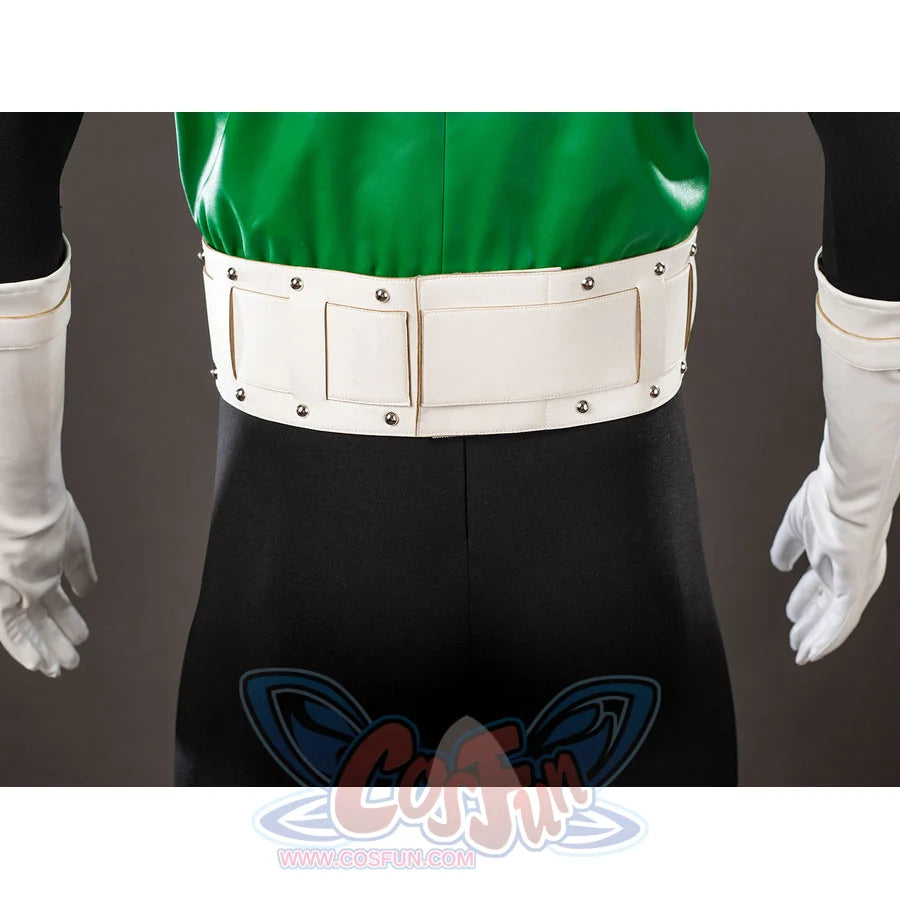 Green Lantern Guy Gardner cosplay costume back waist detail sets the white belt against black fabric.