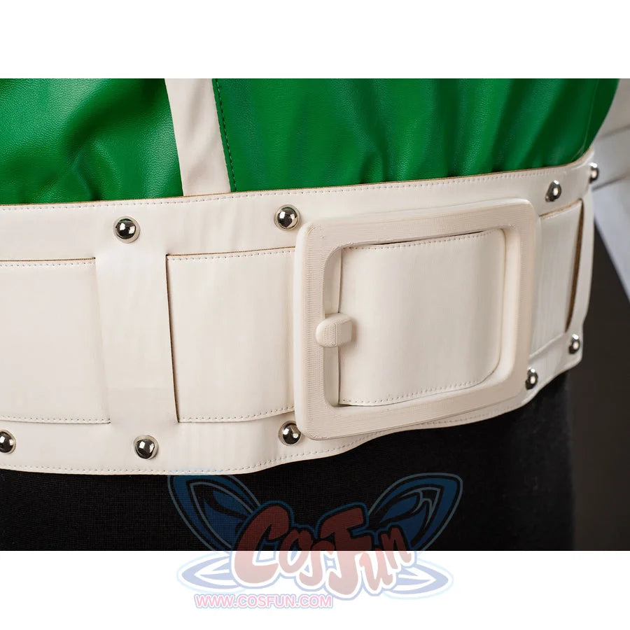 Green Lantern Guy Gardner cosplay belt close-up centers a white buckle between paneled waist sections.