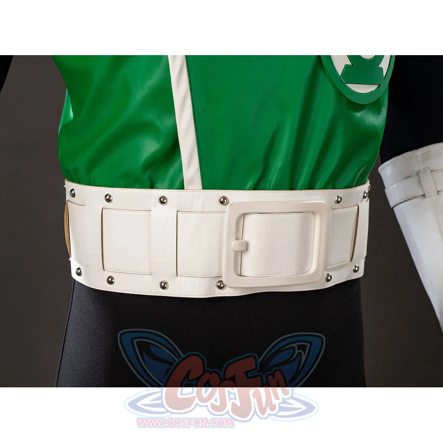 Green Lantern Guy Gardner cosplay belt detail wraps white panels and silver rivets around the waist.