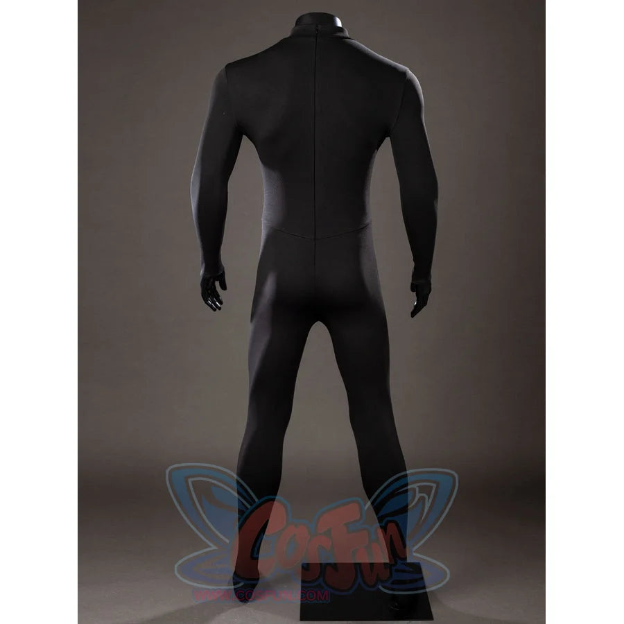 Green Lantern Guy Gardner cosplay bodysuit back view follows the black stretch fabric from neck to legs.