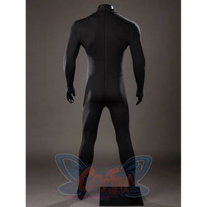 Green Lantern Guy Gardner cosplay bodysuit back view follows the black stretch fabric from neck to legs.