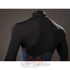 Green Lantern Guy Gardner cosplay bodysuit back shoulder detail traces black seams under the collar.
