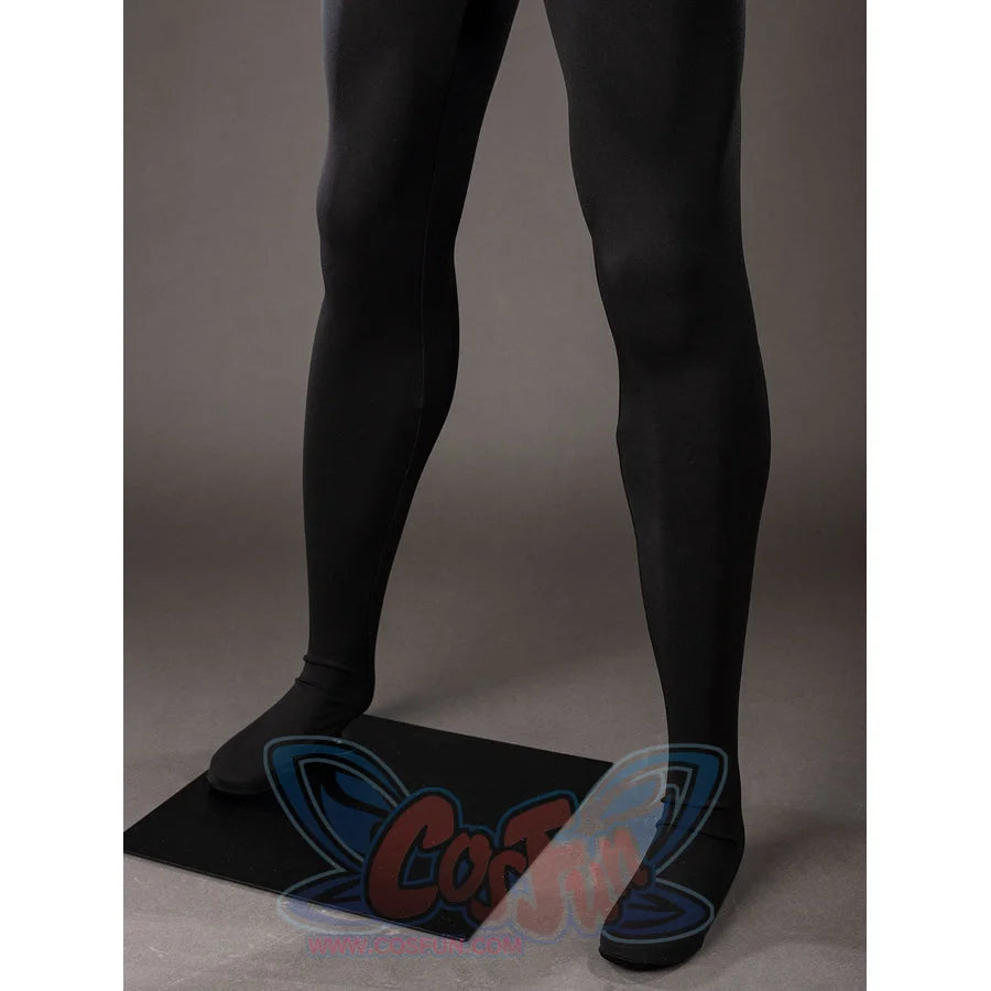 Green Lantern Guy Gardner cosplay bodysuit leg detail keeps the black stretch fabric clean through the lower suit.