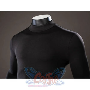 Green Lantern Guy Gardner cosplay bodysuit shoulder detail smooths black stretch fabric around the collar.