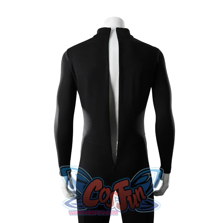 Green Lantern Guy Gardner cosplay bodysuit front detail shows an open zipper and fitted black fabric
