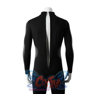 Green Lantern Guy Gardner cosplay bodysuit front detail shows an open zipper and fitted black fabric