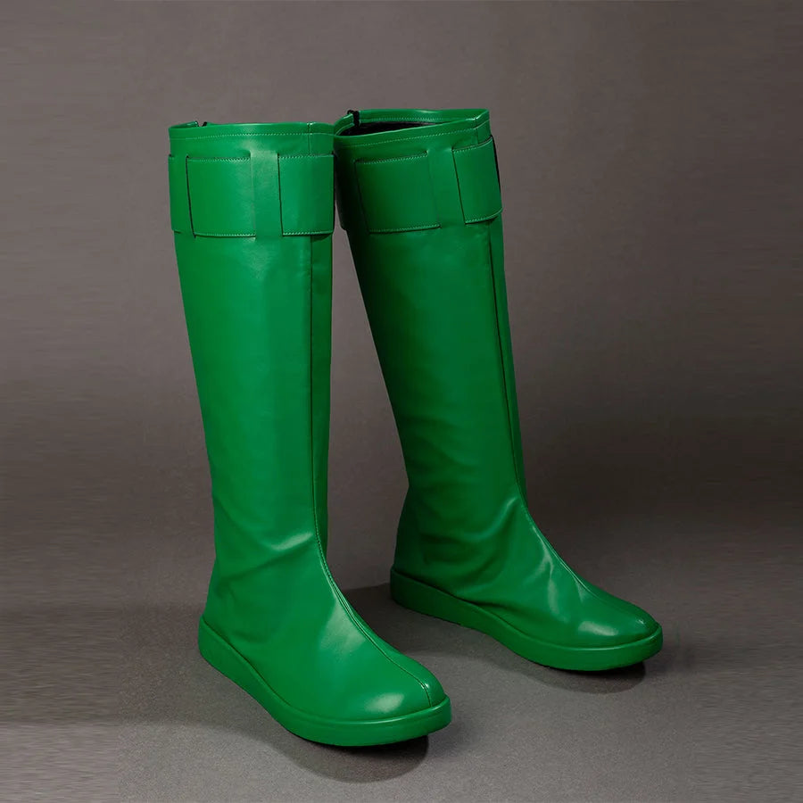 COSFUN Green Lantern Guy Gardner cosplay boots angle the green knee-high pair with smooth matte PU leather.