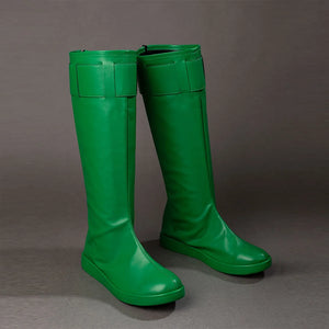 COSFUN Green Lantern Guy Gardner cosplay boots angle the green knee-high pair with smooth matte PU leather.