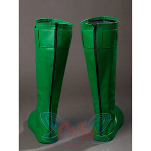 Green Lantern Guy Gardner cosplay boots back view traces black zipper lines down the green shafts.