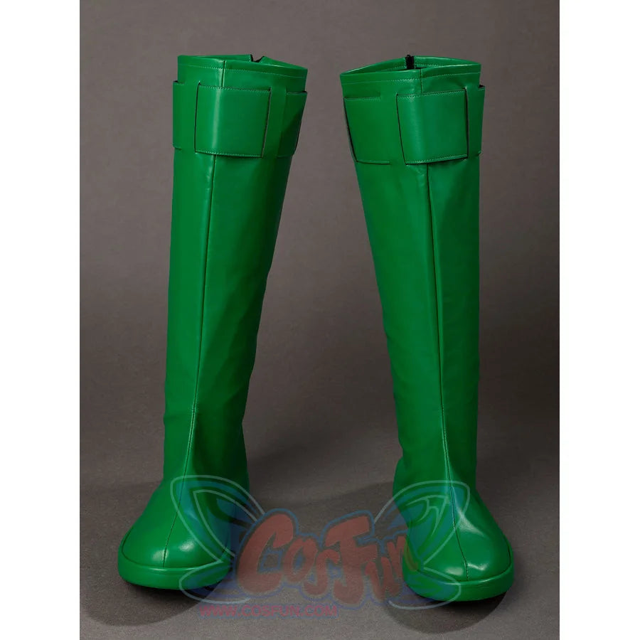 COSFUN Green Lantern Guy Gardner cosplay boots angle the green knee-high pair with smooth matte PU leather.